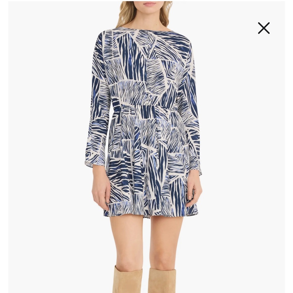 Blue and White Long Sleeve Print‎ Minidress
